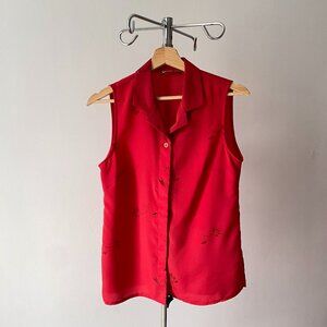 🌿 90s Vintage Minimalist Oriental-Inspired Flowy Red Floral Sleeveless Blouse